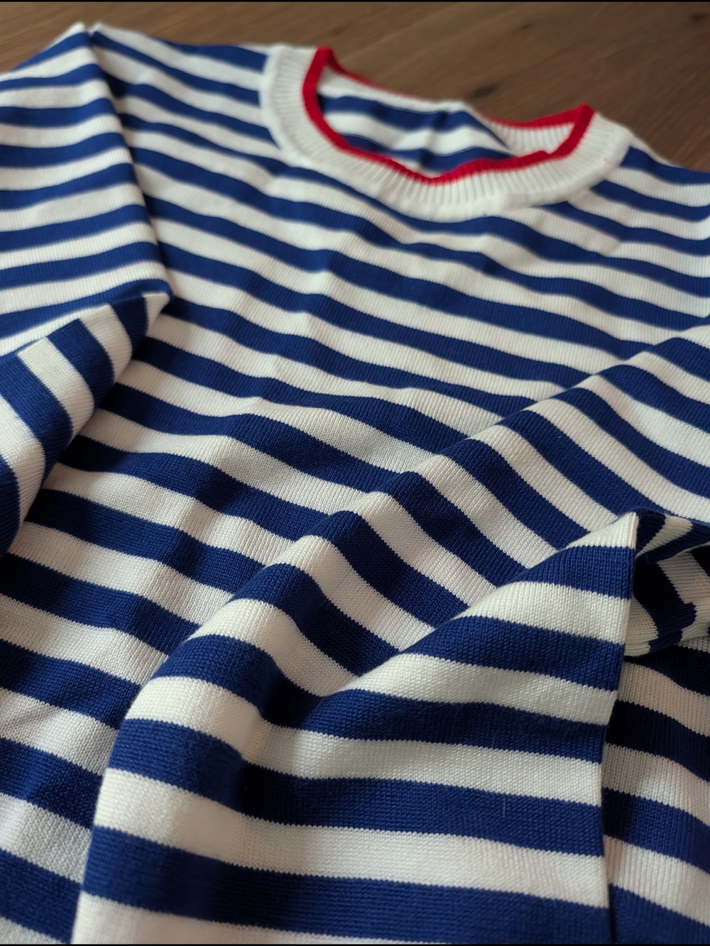 Navy & White Striped Boatneck Sweater with Red Trim